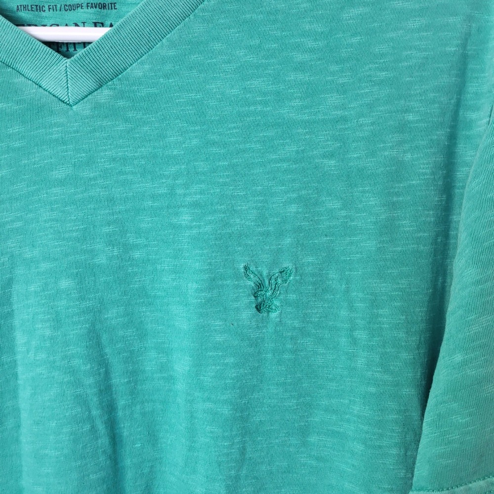 American Eagle Mens Athletic Fit V-Neck T-Shirt Teal Green Slub Cotton Large - Picture 2 of 8
